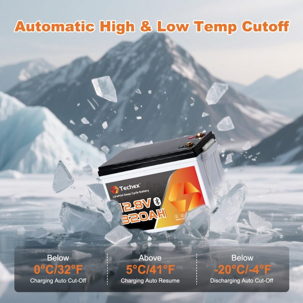 Techex 12V 320Ah Self-Heating LiFePO4 Battery, 200A BMS, Built-in Bluetooth, Low Temp Cut Off, Deep Cycle Lithium Battery for RV, Solar, Camping, Off-Grid, Trolling Motor, Boat