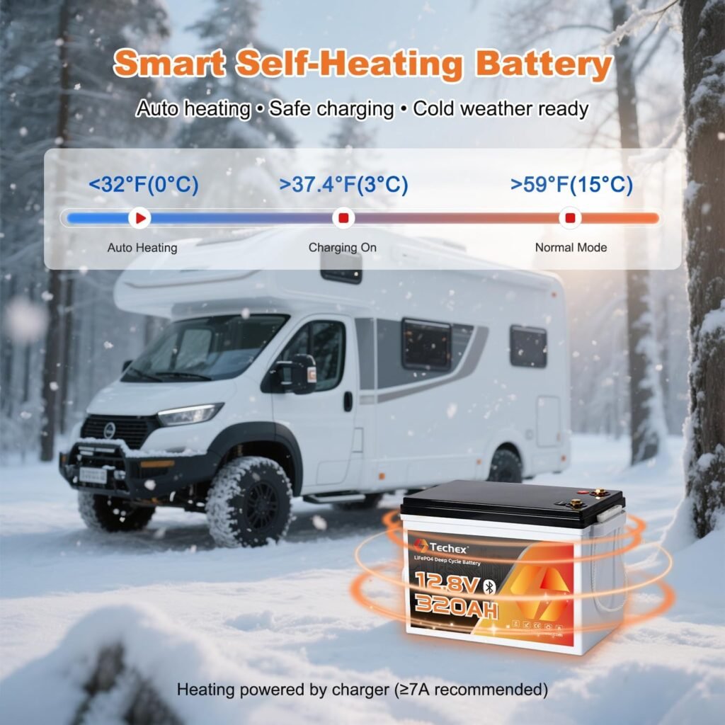 Techex 12V 320Ah Self-Heating LiFePO4 Battery, 200A BMS, Built-in Bluetooth, Low Temp Cut Off, Deep Cycle Lithium Battery for RV, Solar, Camping, Off-Grid, Trolling Motor, Boat